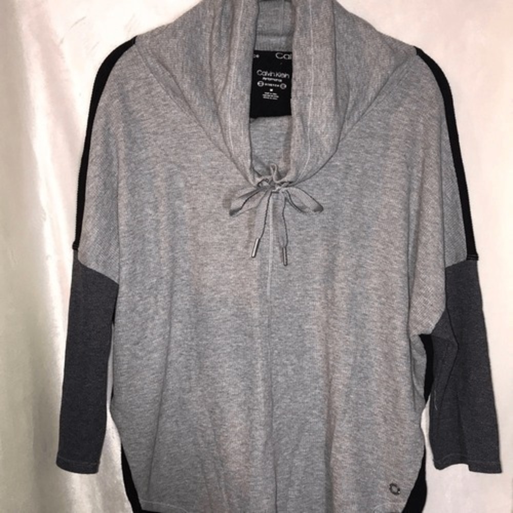 Calvin Klein Performance Cowl Neck Waffle Knit Colorblock Top Grey Black Medium